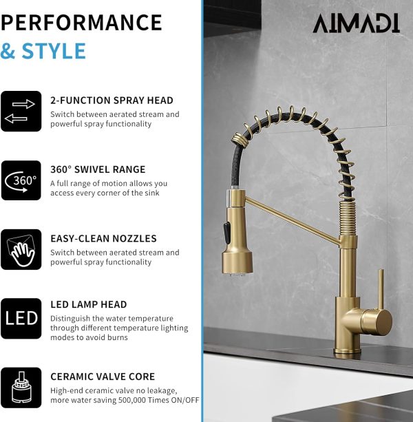 AIMADI Brushed Gold LED Kitchen Faucet Modern Gooseneck-5