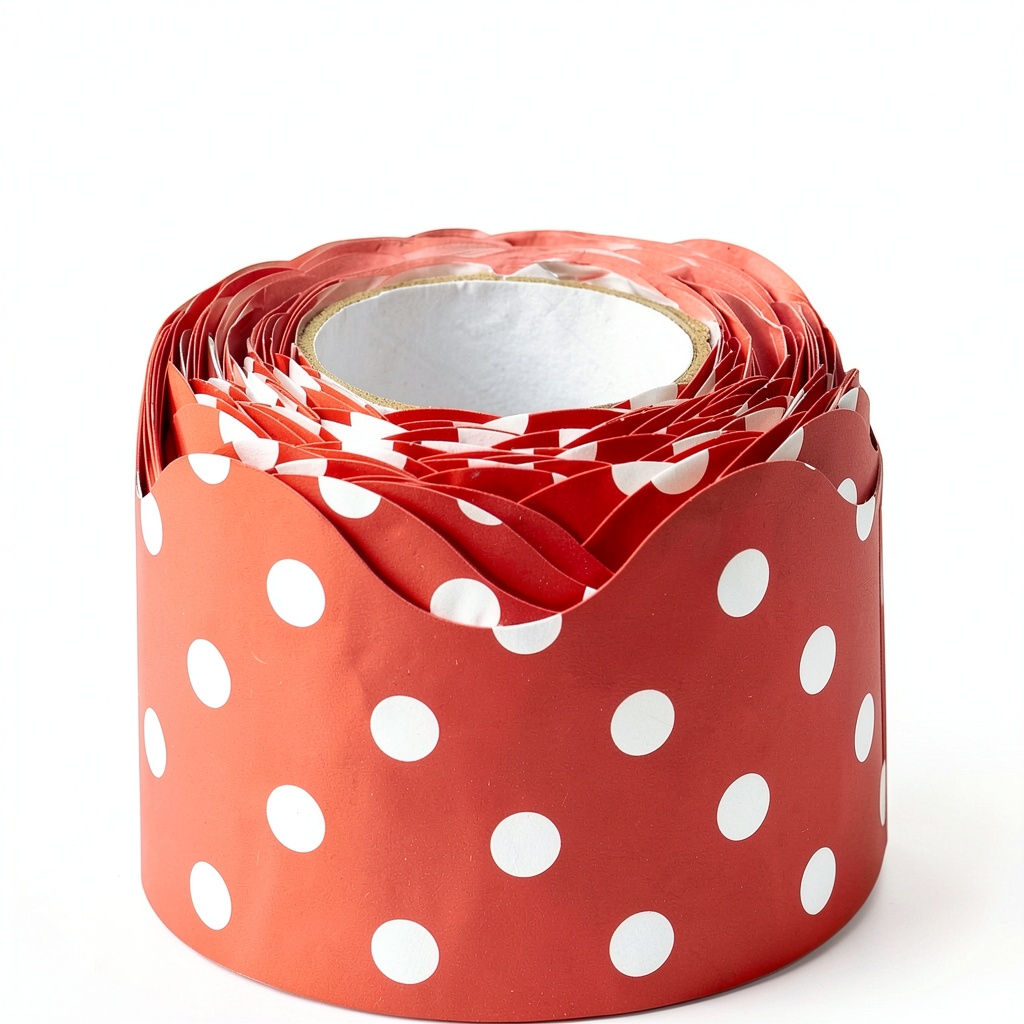 Red polka dots border trim displayed on a classroom bulletin board