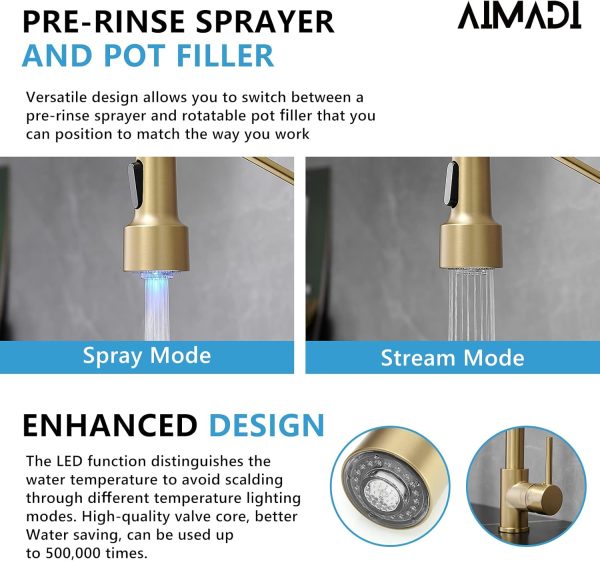 AIMADI Brushed Gold LED Kitchen Faucet Modern Gooseneck-2