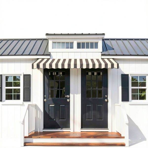 Awntech 10' Dallas Retro (124.5"-18"-24") Straight Slope Fixed Awning with Anodized Arms, Black/White Stripe-2