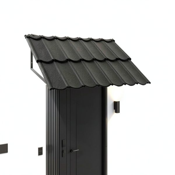 52" x 31" Metal Door Awning, Outdoor Front Door & Window Canopy, All-Weather Fixed Steel Frame Rain & Snow Shelter with Tile Shaped Metal Awning for Exterior Entrance Porch Window-0